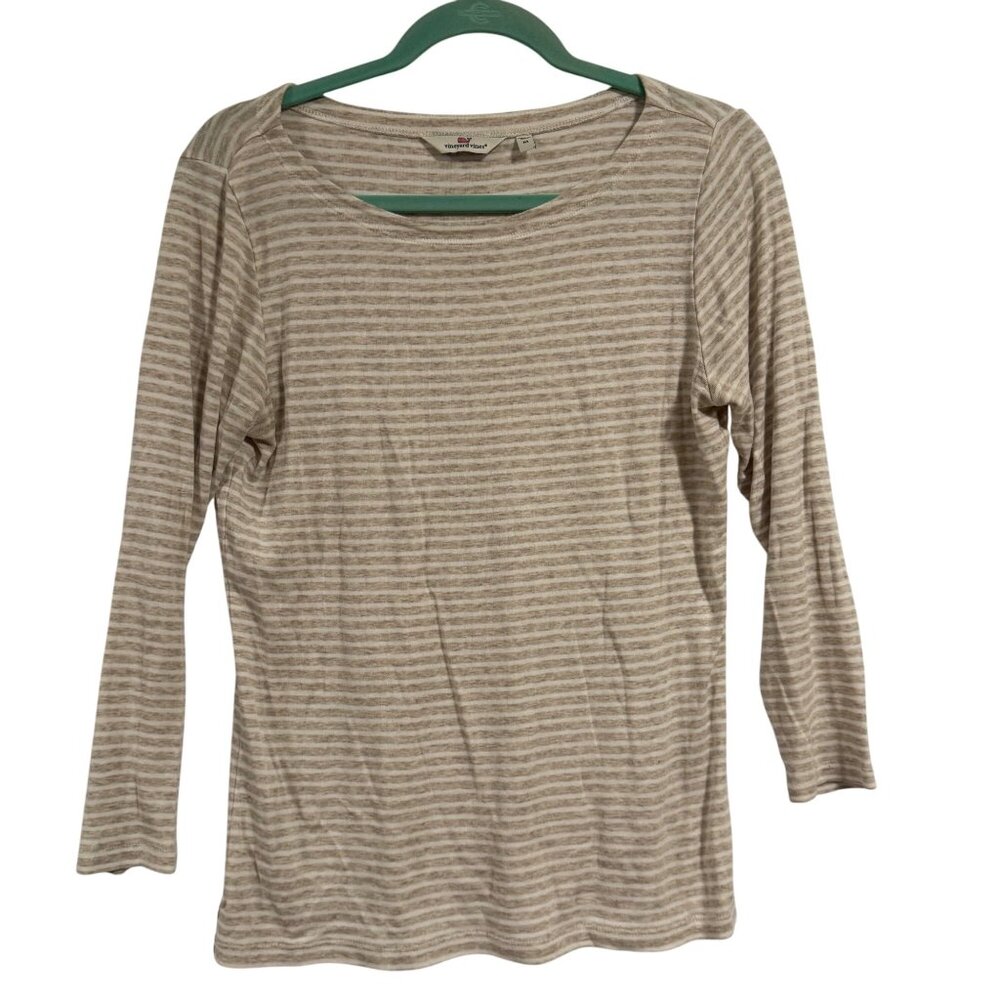 Vineyard‎ Vines Tan Cream Striped Boatneck 3/4 Sleeves Top Size M